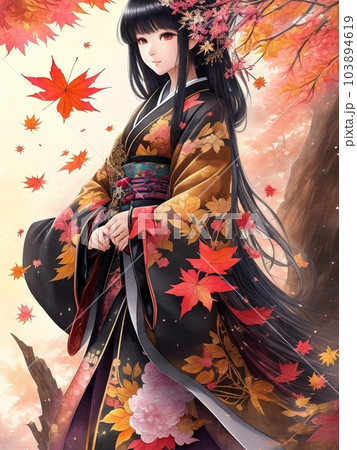 紅葉とたたずむ少女