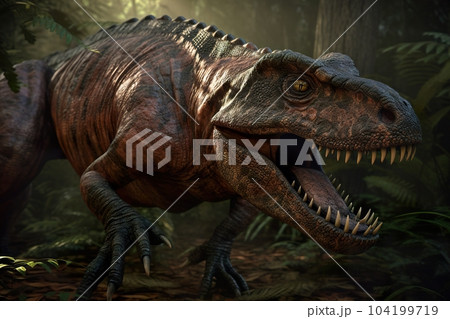 T-Rex Dinosaur, Tyrannosaurus Rex reptile running, prehistoric Jurassic  animal in deserted nature environment, 3D illustration Stock Illustration