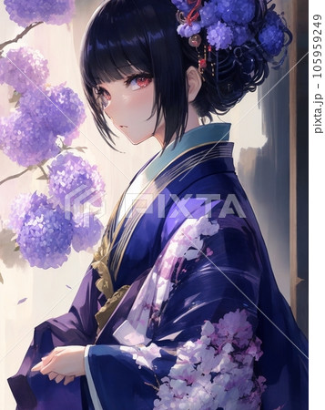 アジサイを背景に着物の若い女性のポートレート