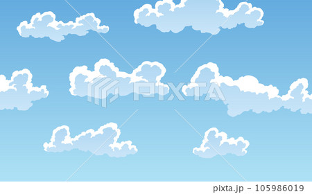 Sky with clouds wide background. Blue sky with white clouds on background.  Cartoon, flat style background of sky and clouds. Spring and summer light  blue cloudscape. Stock Vector