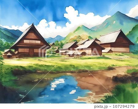 水彩 風景 山 家のイラスト素材 - PIXTA