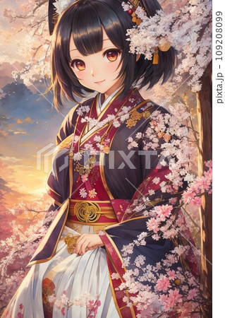 桜の木の下で着物を着た可愛い少女