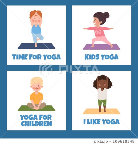 Kids yoga set. Children perform exercises, asanas, postures, meditation.  Hand drawn vector illustration. Stock Vector