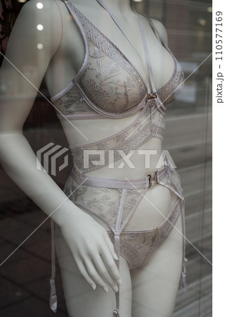 Closeup of grey underwear on mannequin in a - Stock Photo