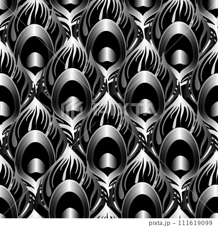 Seamless Contour Pattern of Black Peacock Feathers on a White