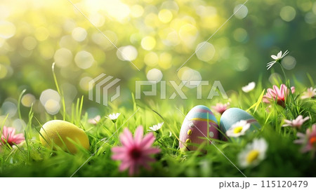[115120479] "Easter eggs in green grass with bokeh lights background ...