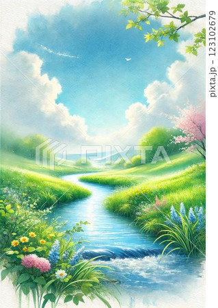 小川 桜 風景画 水彩画の写真素材 - PIXTA