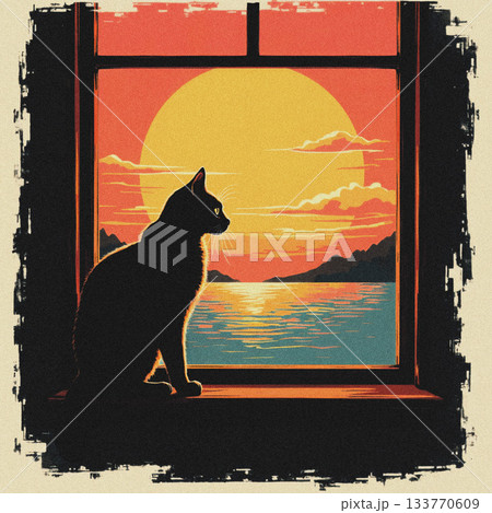 猫 夕焼け シルエット ねこの写真素材 - PIXTA