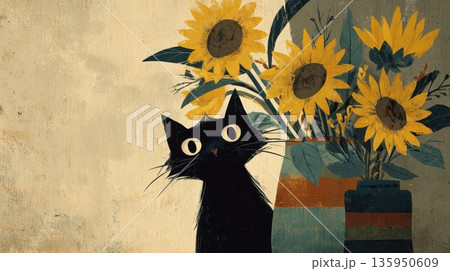 ねこ ネコ 猫 ひまわりのイラスト素材 - PIXTA