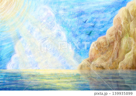 風景 スケッチ 海 青空と海の風景画 アクリル絵の具で 青空と雲と